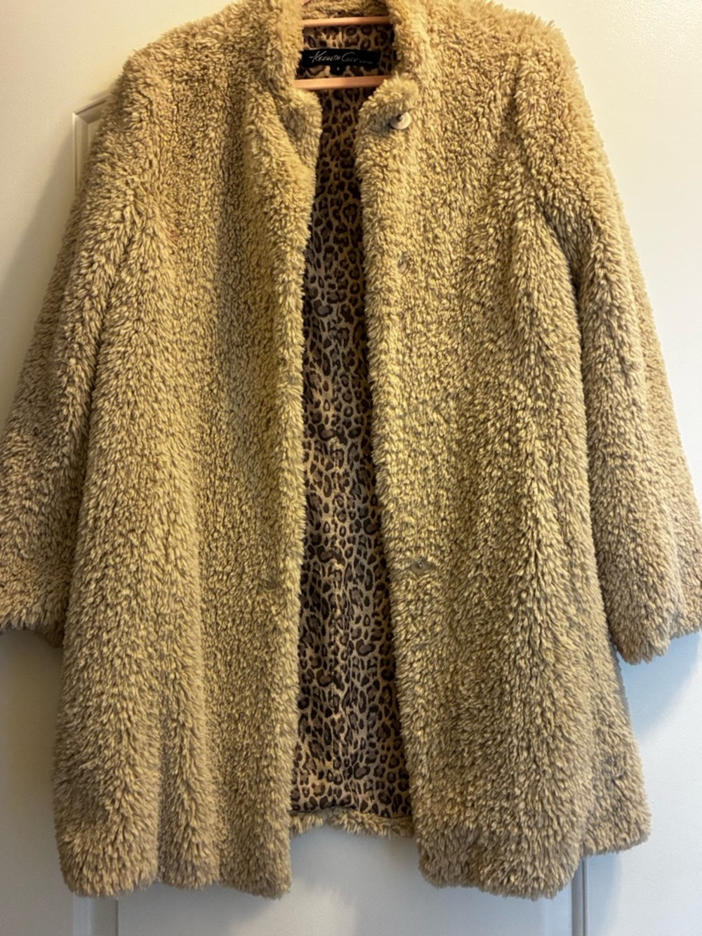 Kenneth Cole New York Tan Teddy Coat with Leopard-Print Lining